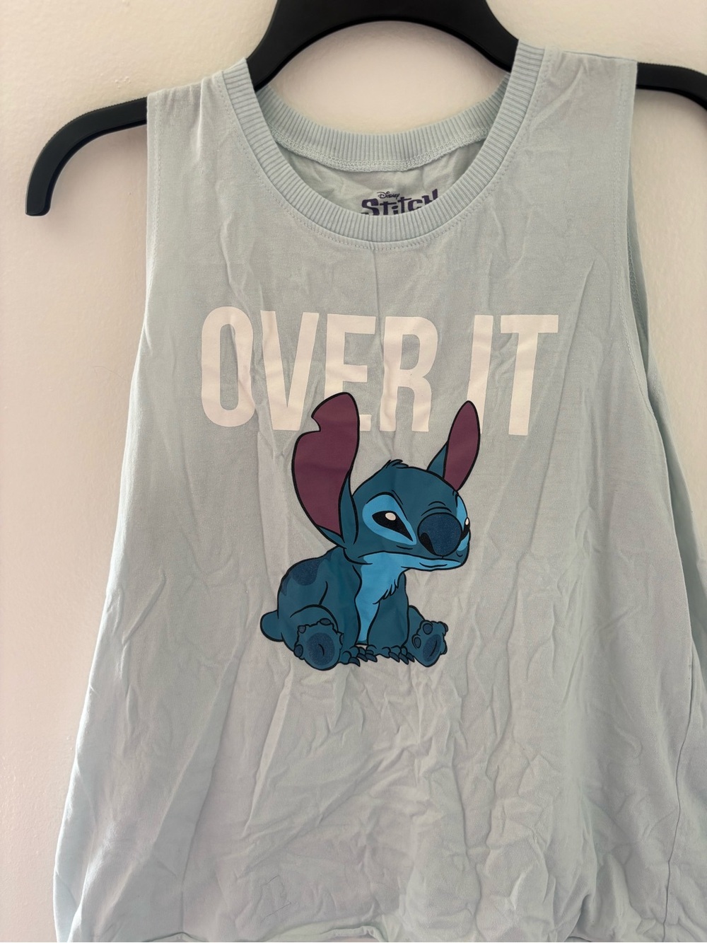 Disney Light Blue Tank Top with Stitch Graphic and White 'OVER IT' Text